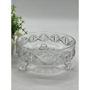 Vintage Crystal Clear Glass Bowl Quilt 3 Footed Toed Star Round 6" Y4
